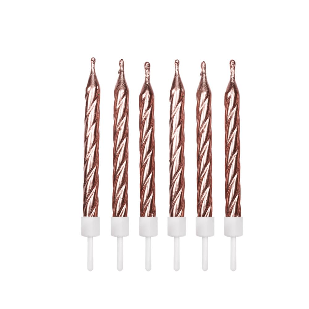 Anniversary House Pack of 12 Rose Gold Metallic Spiral Birthday Candles with Holders | 7.5cm Tall 8