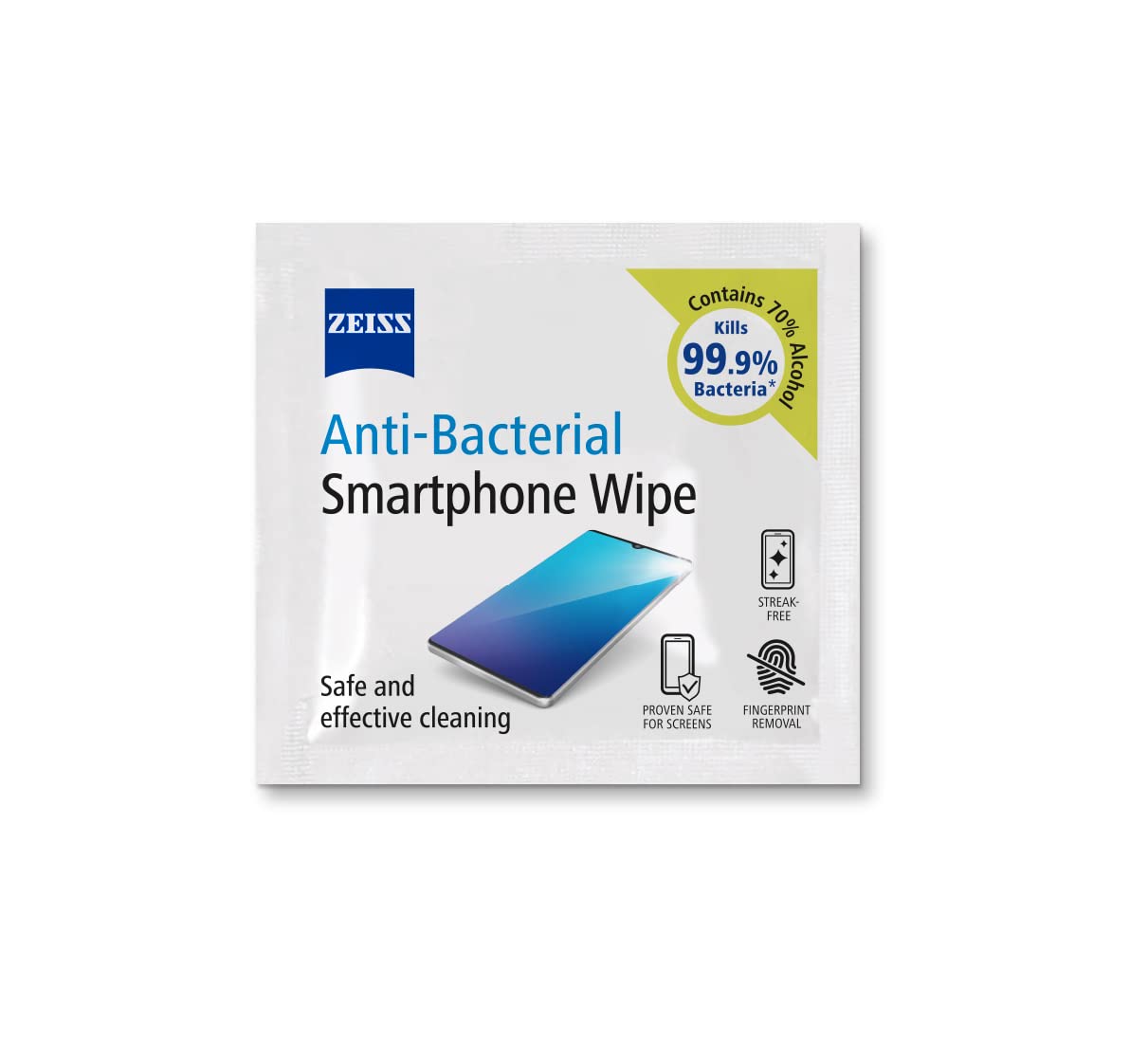 ZEISS Anti-Bacterial Smartphone Screen Wipes - 60 Count | 70% Alcohol | Streak-Free Cleaning
