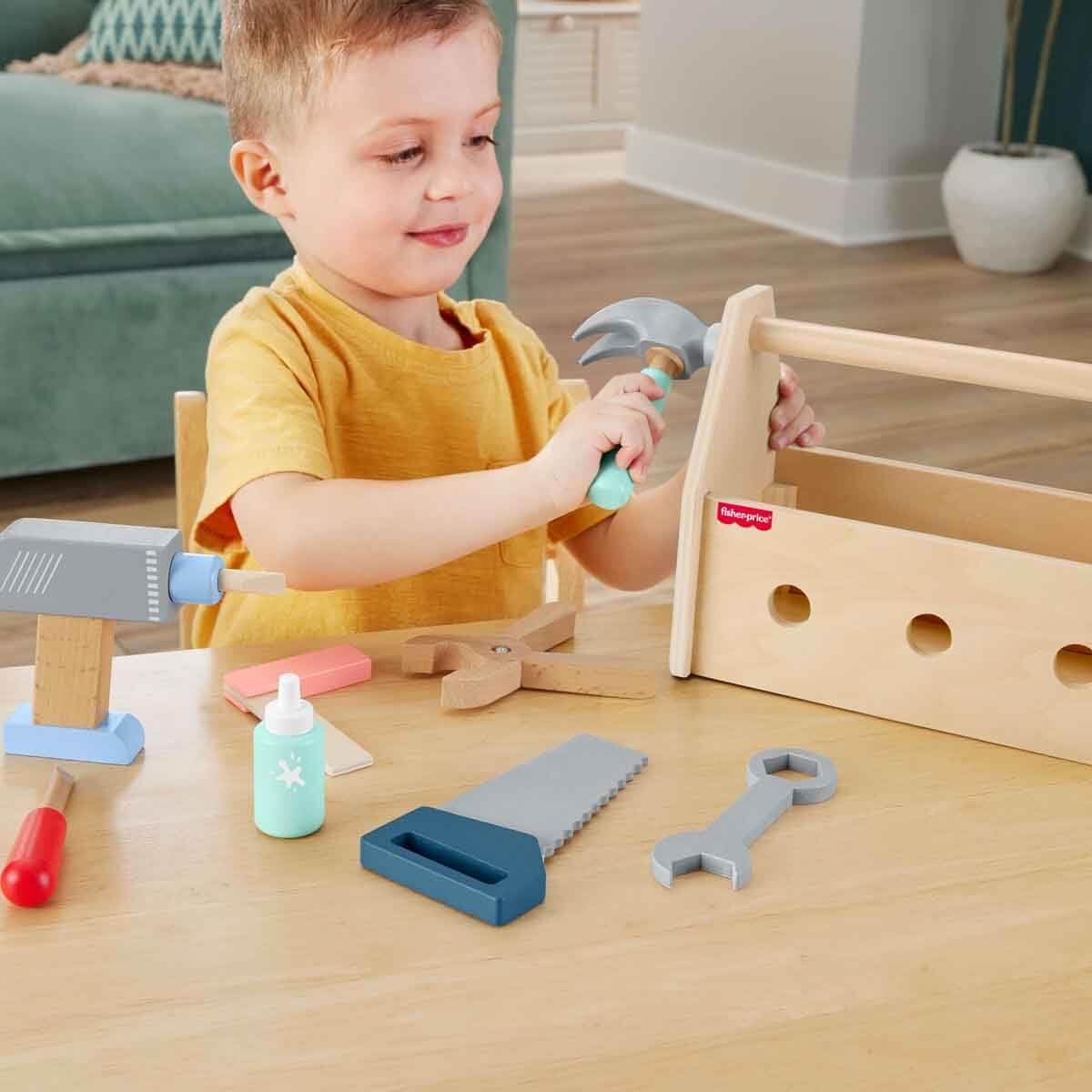 Fisher-Price Wood Pretend Play Toy Tool Box with Drill, 9-Piece Wooden Set | Ages 3+