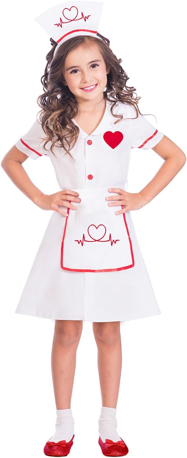 Child Girls Darling Nurse Costume - White Dress with Red Heart Print (6-8 Years)