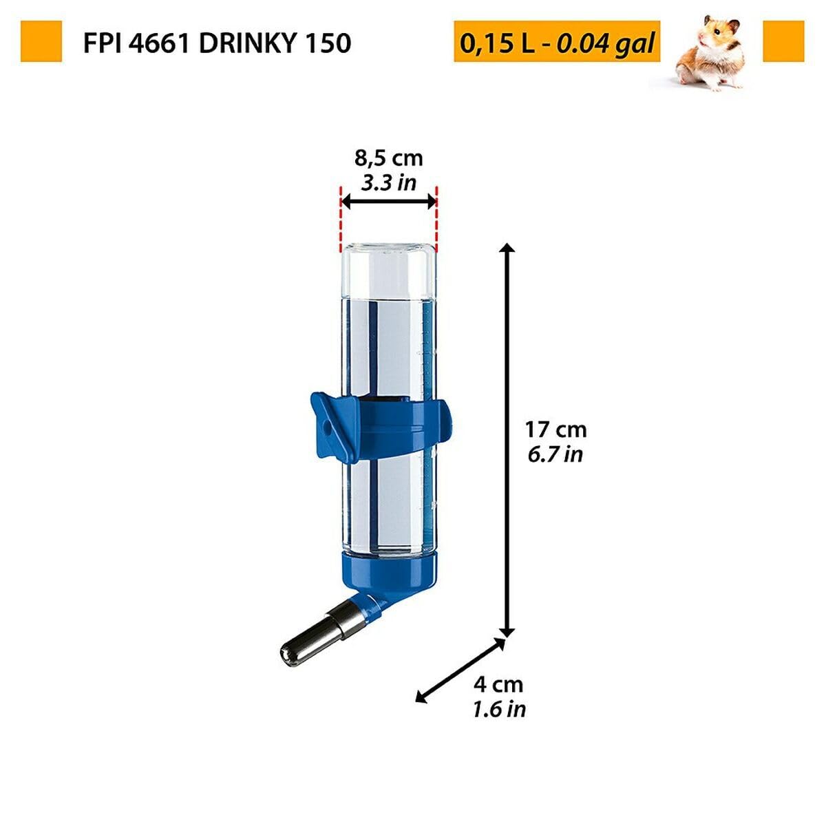 Ferplast Drinky Water Bottle for Hamsters and Rodents - 150 cc Capacity | Stainless Steel Valve