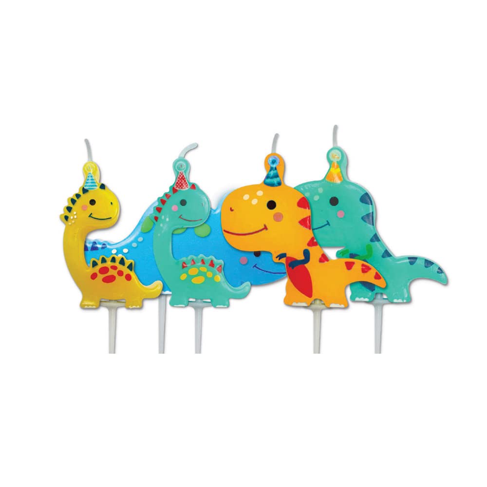 Anniversary House Pack of 5 Multicolour Dinosaur Party Pick Candles | 7.3cm | Celebration Cake Topper Decoration | AHC223 1
