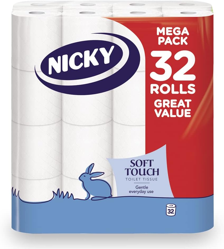 Nicky Soft Touch Toilet Tissue - 32 Rolls, 190 Sheets per Roll, Extra Gentle White Bathroom Tissue
