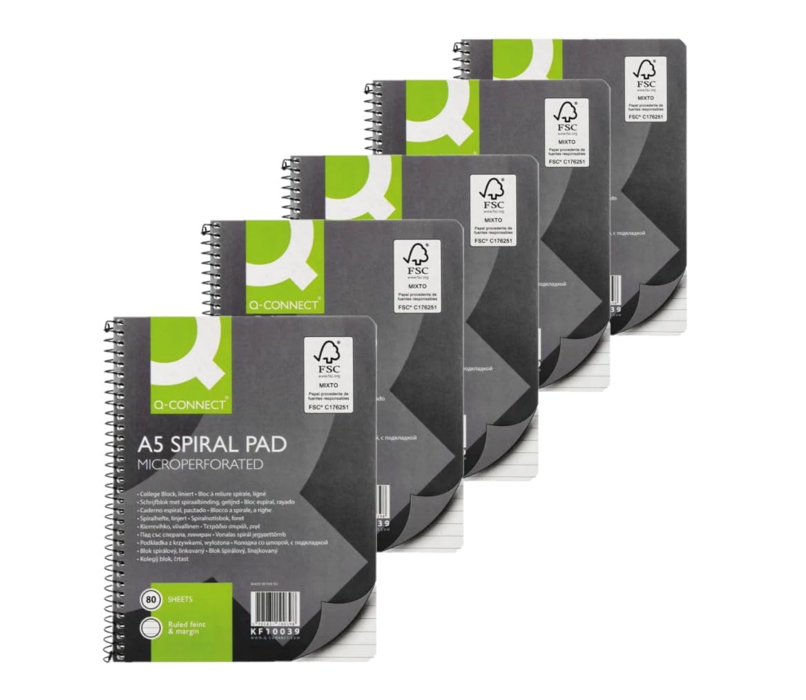 Q-Connect Executive A5+ Spiral Notebook - 80 Leaf Ruled Feint/Margin | Soft Cover | 5 Pack 1