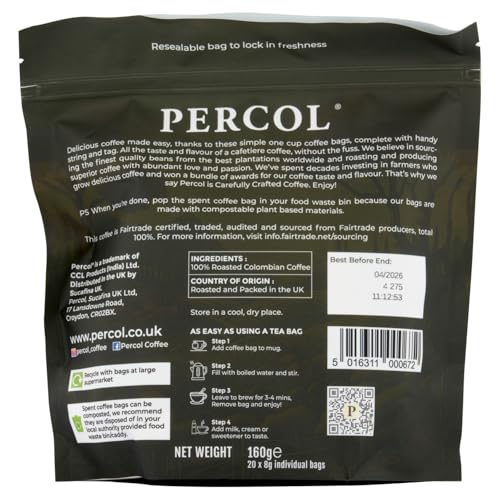 PERCOL Colombian Loose Packed Ground Coffee Bags (80x8g) - Fairtrade Light Roast 6