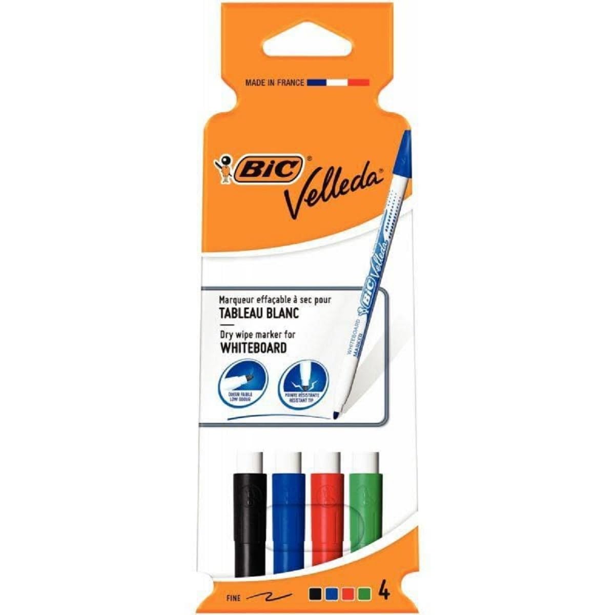 BIC Velleda 1721 Dry Erase Markers - Fine Bullet Tip, Odourless | Assorted Colours (4 Pack)