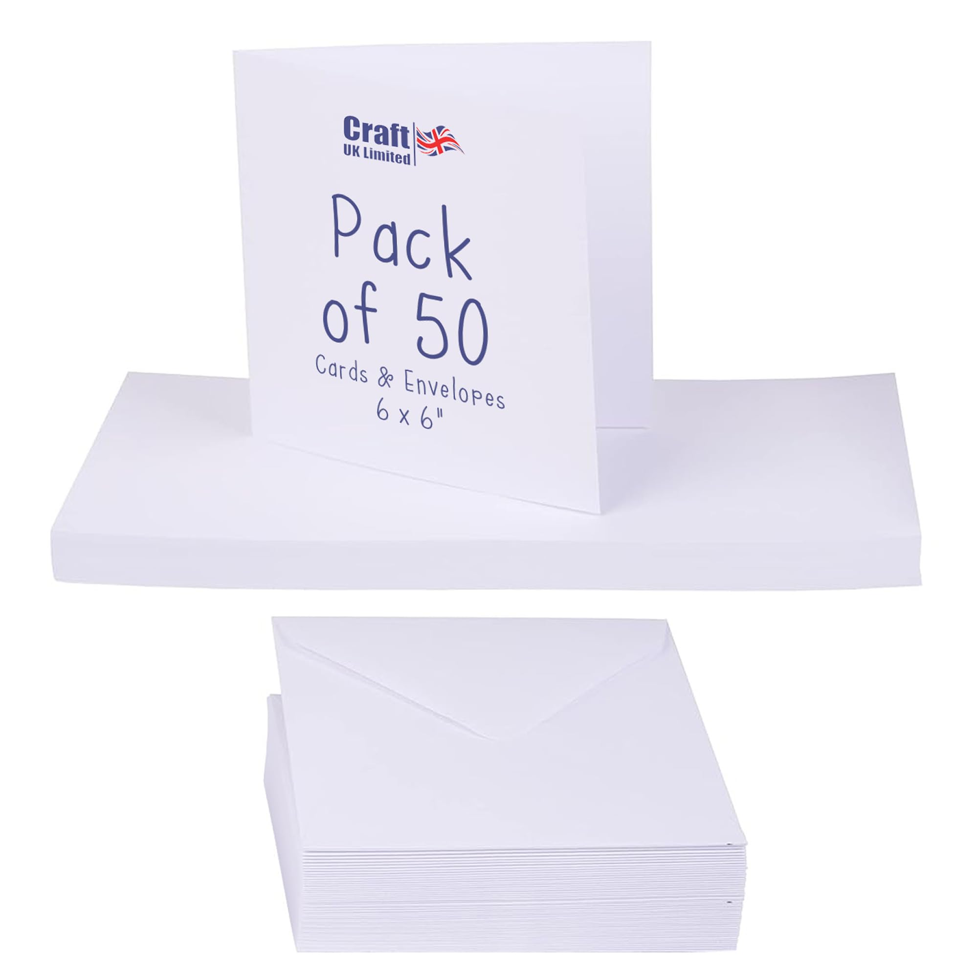 Craft UK White Cards & Envelopes - 50 Pack | 6 x 6 Size | Pre-scored