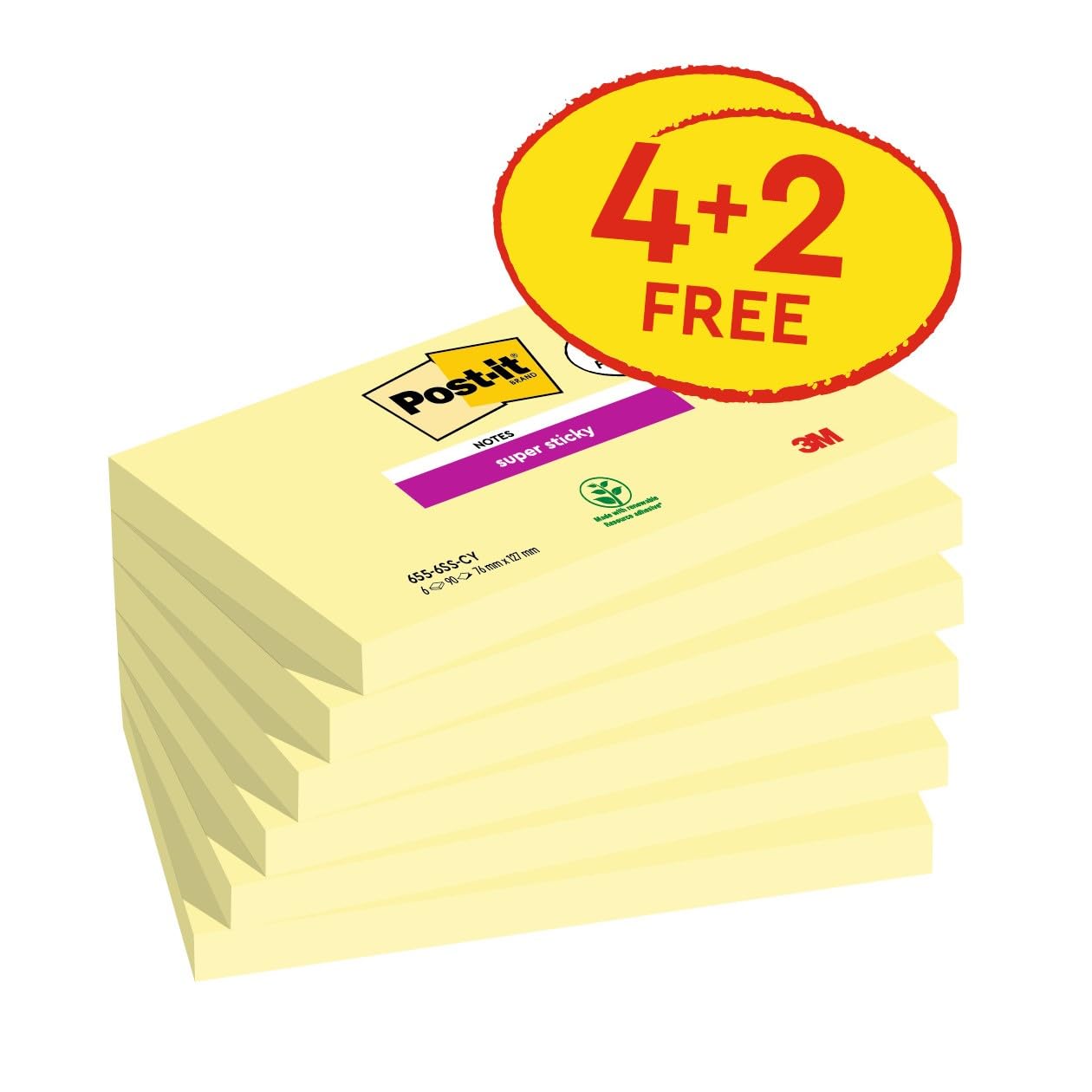 Post-it Super Sticky Notes - Double Sticking Power | 76 x 127 mm | 4 + 2 Free Pads (540 Sheets)
