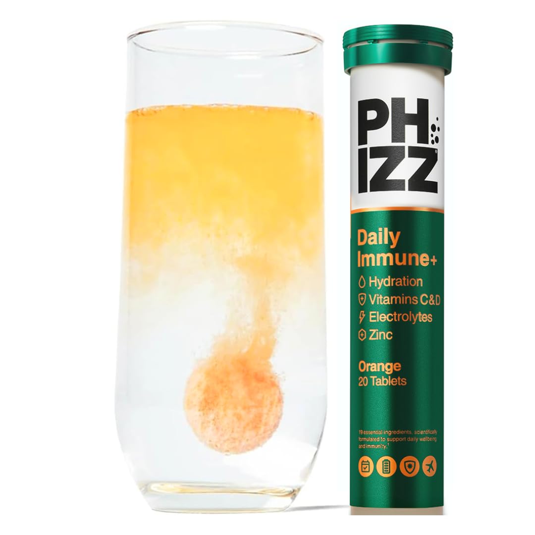 Phizz Daily Immune+ Orange Effervescent Tablets - Hydration, Immunity, Electrolytes & Vitamins - 20 Count