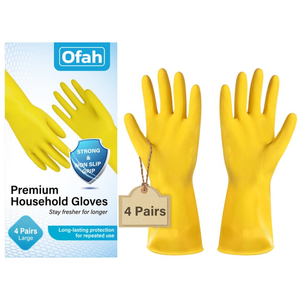 Ofah Premium Household Gloves - Large Size, Waterproof Rubber, Non-Slip Grip | 4 Pairs