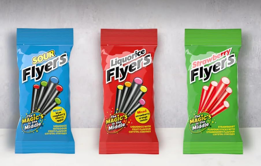 Flyers Liquorice Candy Sticks - 7 Pack x 12, Strawberry Orange Lemon Chewy Licorice Sweets with Fruit Crystal Centre