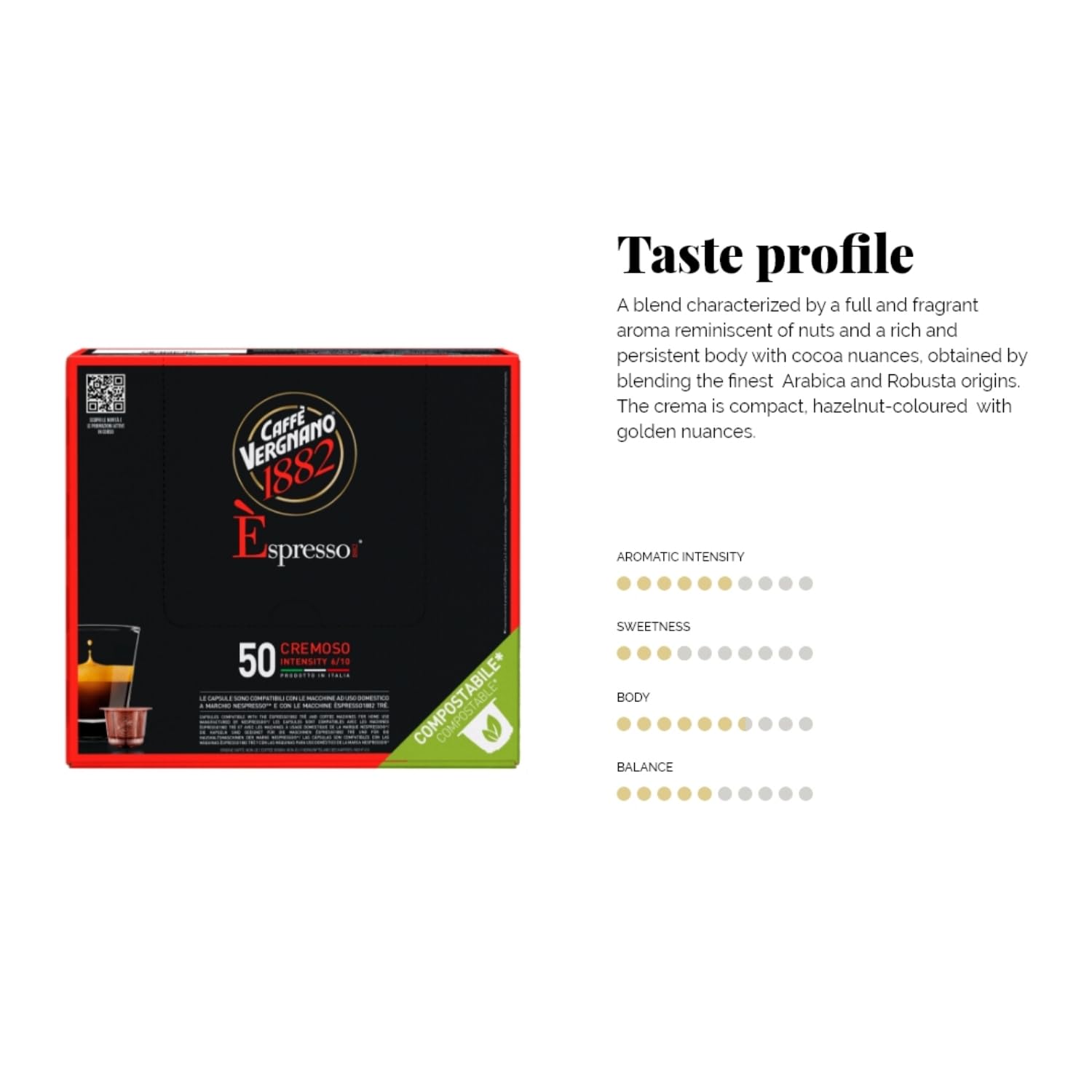 Caffè Vergnano 1882 Èspresso - Compostable Coffee Capsules for Nespresso® and Èspresso1882 TRÈ Machines (50 Capsules)