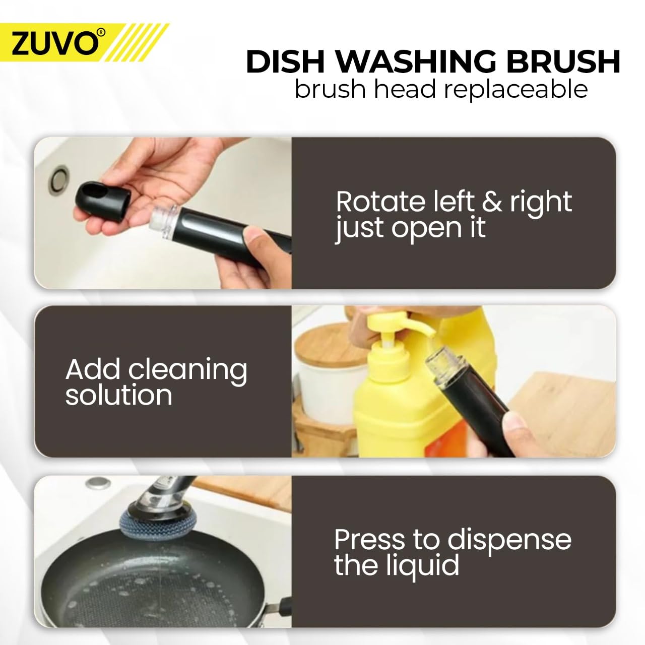 Zuvo Soap Dispensing Scrubbing Brush - Ergonomic Handle, Durable Bristles | Plastic 7