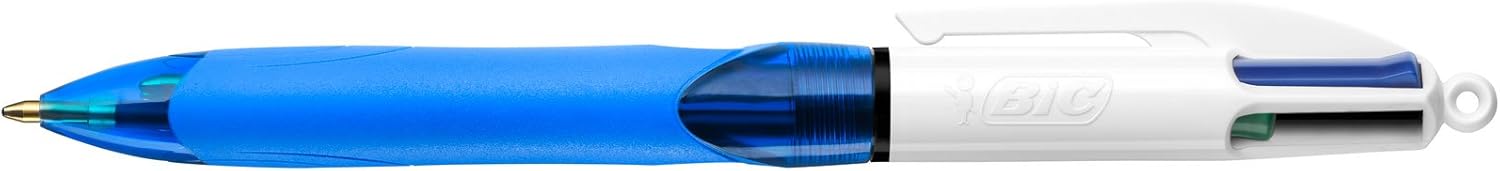 BIC 4 Colours Grip Retractable Ballpoint Pens - Box of 12- Medium Point (1.0 mm) - Extra-Comfort Grip - Translucent Blue Barrel 4