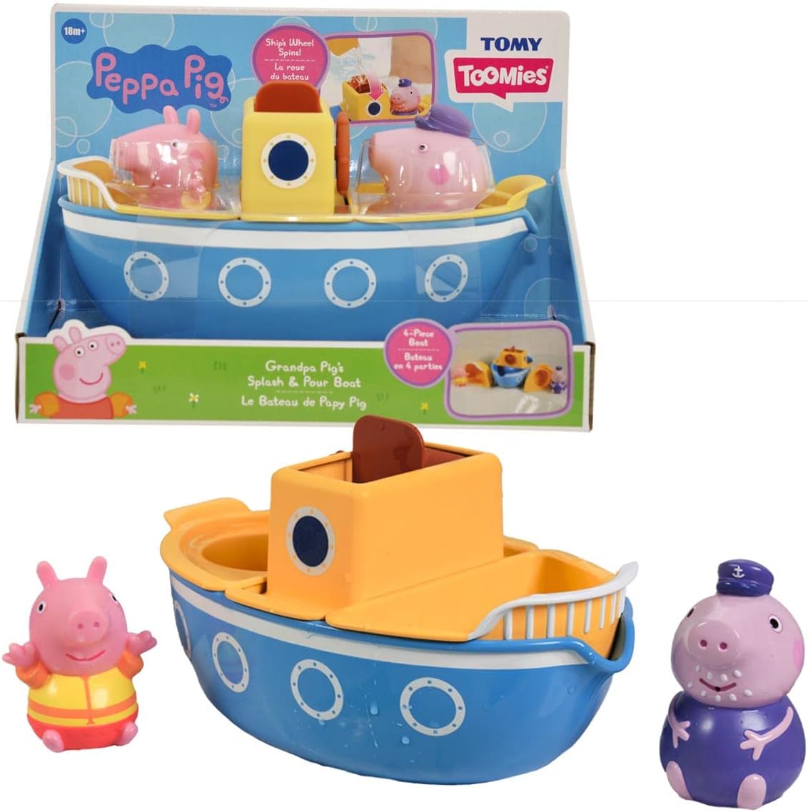 TOMY E73414 Toomies Grandpa Pig’s Splash & Pour Boat - 4 Pc Bath Time Playset