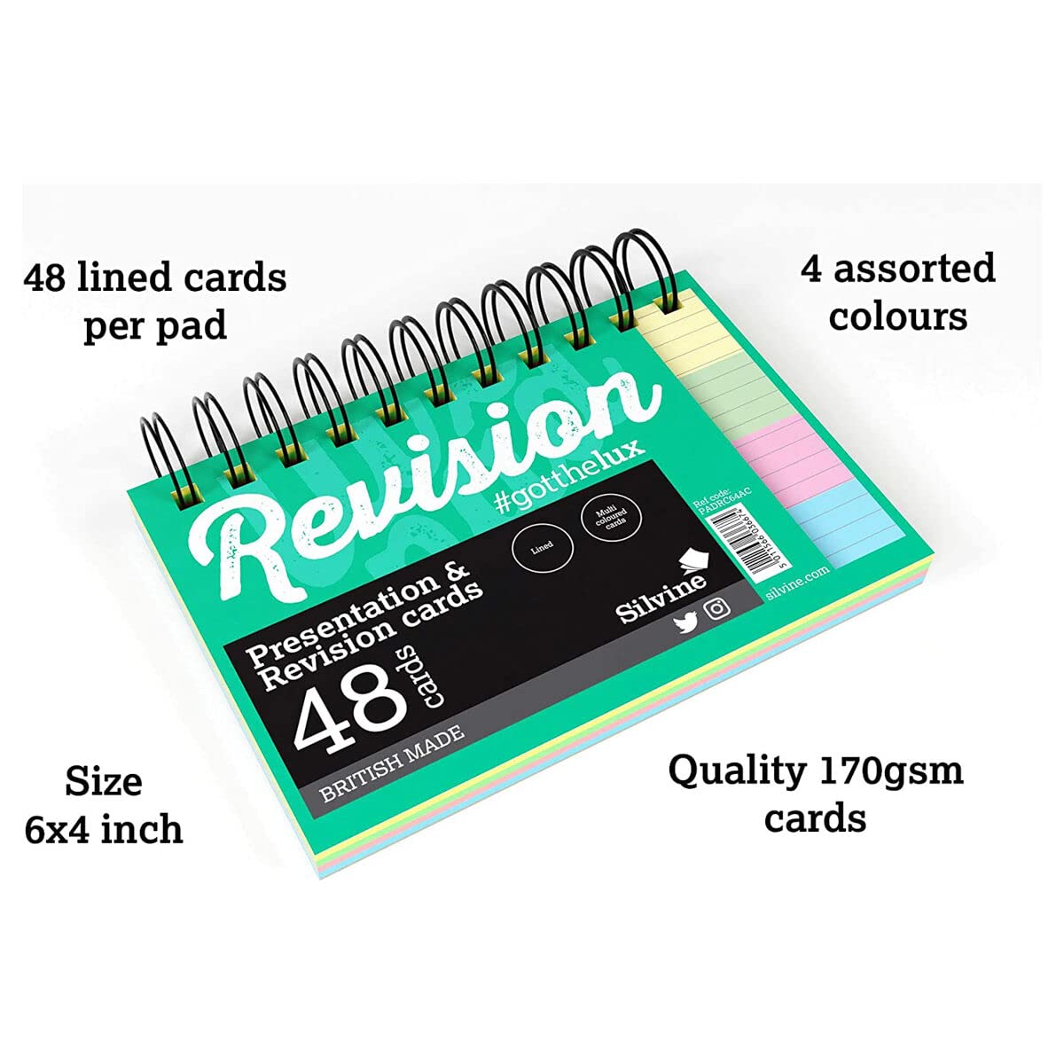 Silvine Luxpad Revision A6 Flash Cards - Lined, 48 Cards, Assorted Colours