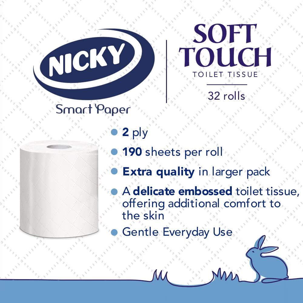Nicky Soft Touch Toilet Tissue - 32 Rolls, 190 Sheets per Roll, Extra Gentle White Bathroom Tissue