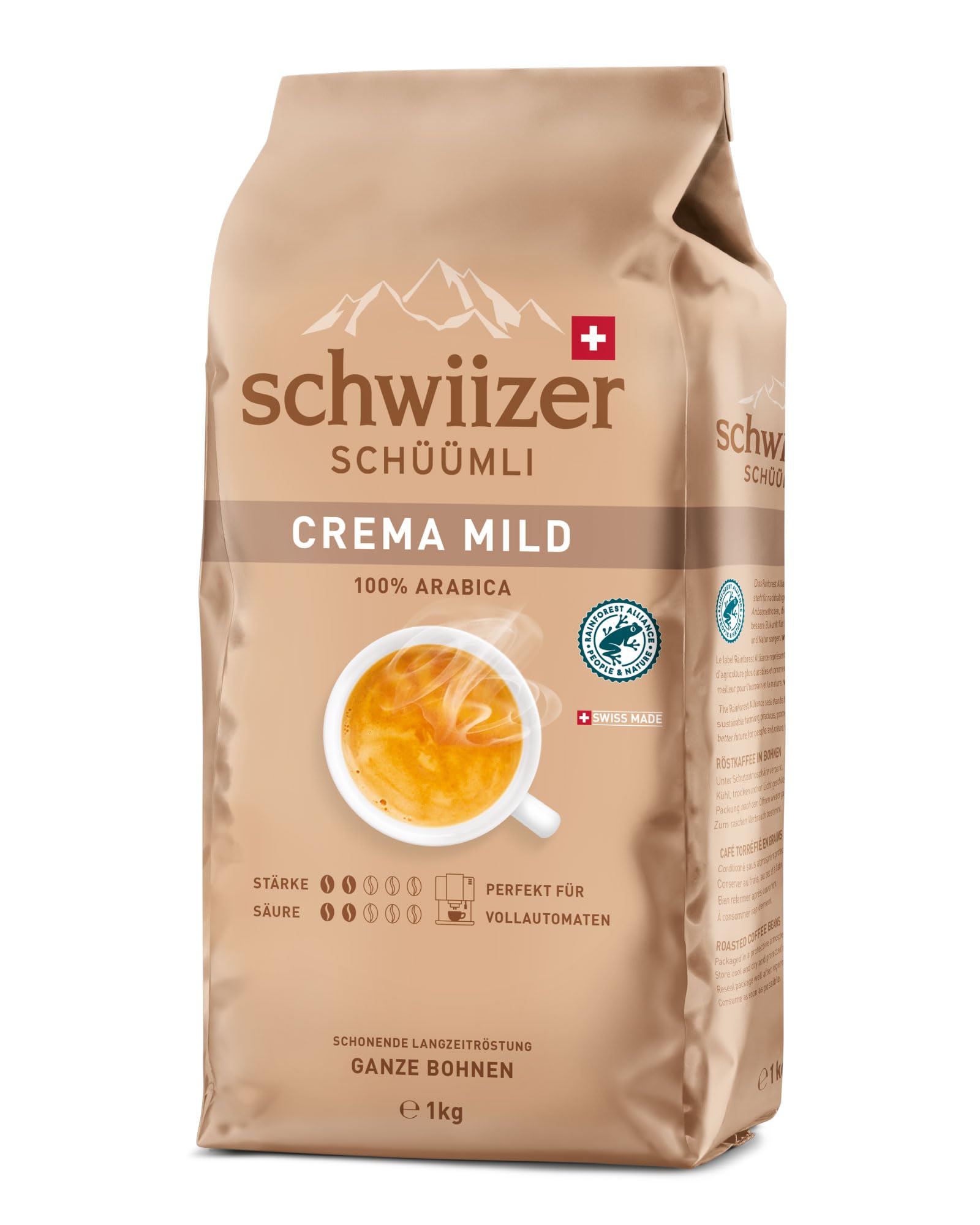 Schwiizer Schüümli Crema Mild - 100% Arabica Coffee Beans, Light Roast, Rainforest Alliance-Certified, 1kg 1