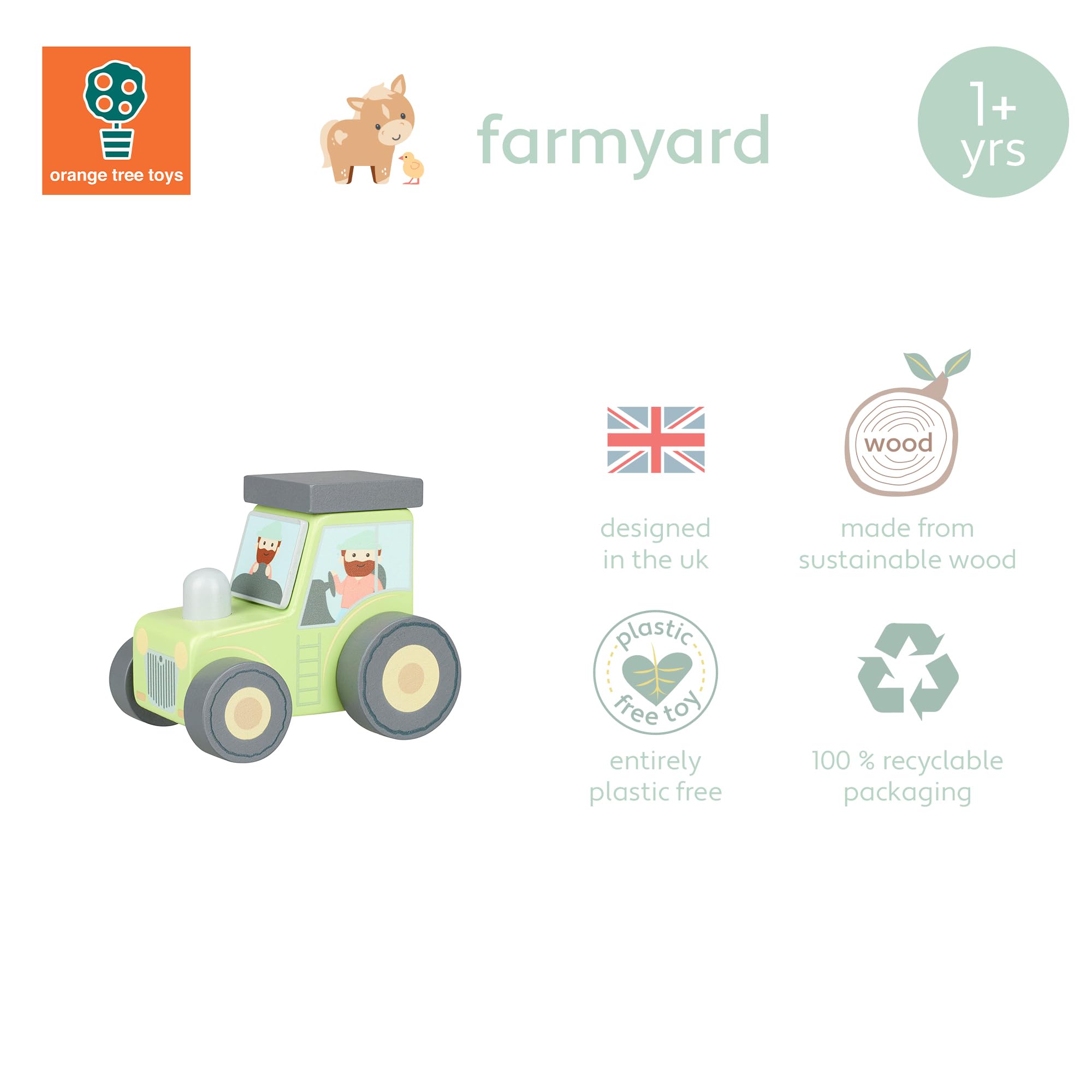 Orange Tree Toys Wooden Tractor - Educational Motor Skills Toy | Suitable from 12 Months | FSC Certified Wood 3