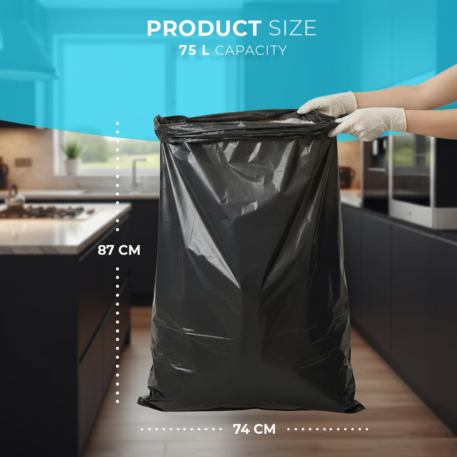 Roe Tenpo 75L Black Bin Bags - 20 Pack, 30 Micron, Leak-Resistant, Eco-Friendly 3