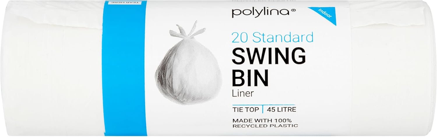 Polylina 20x Tie Top Swing Bin Liners, Recycled Plastic, White, 45 Litre 1