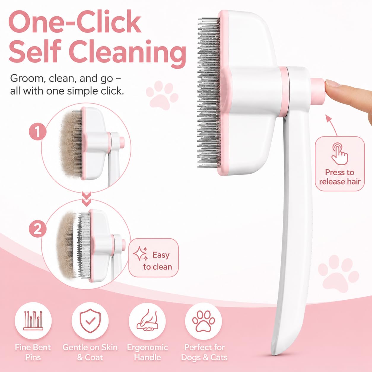 JADUFHU Self-Cleaning Cat Grooming Brush - Undercoat Removal | Stainless Steel Bristles | Pink
