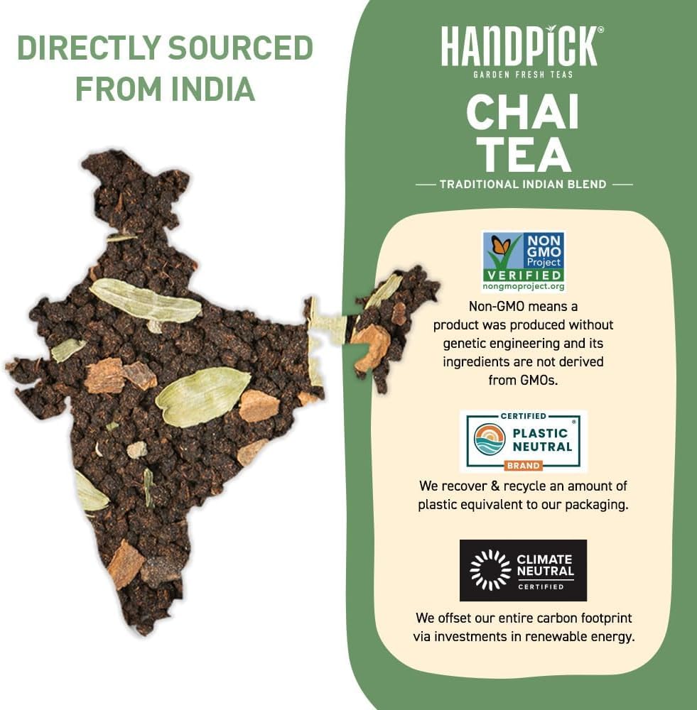 HANDPICK Masala Chai Tea Bags from India (100 Count) - Cinnamon, Black Pepper, Cloves & Cardamom - Eco-conscious Round Tea Bags 2
