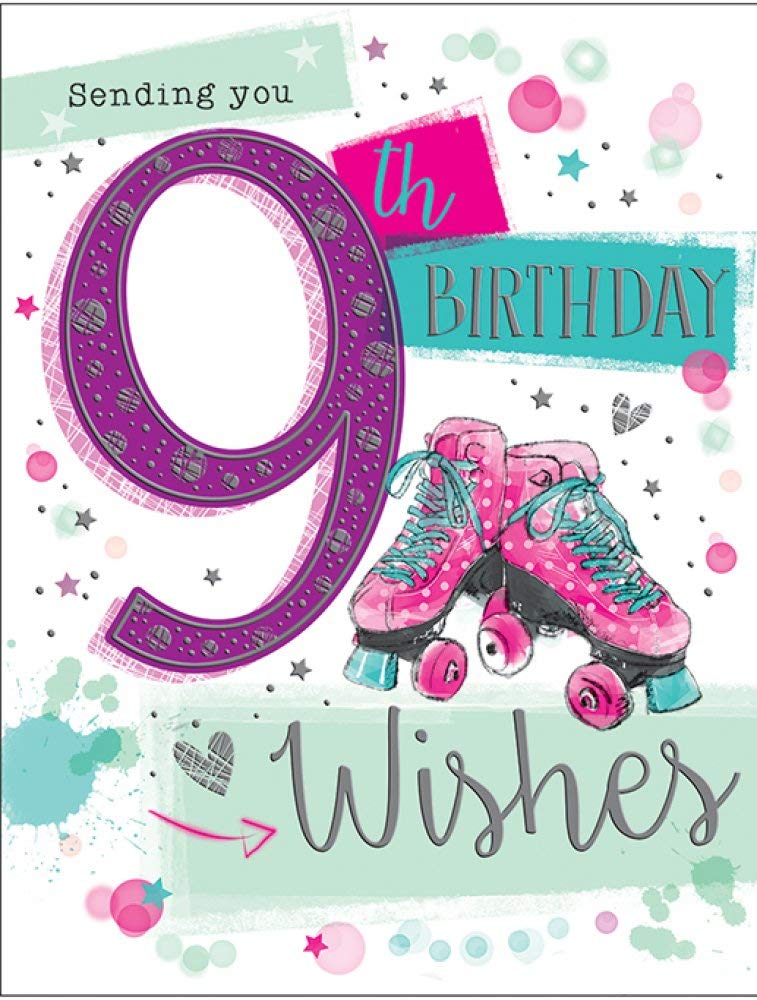 Piccadilly Greetings Girl 9th Birthday Card - Roller Skates Theme | Pink | 8 x 6 Inches