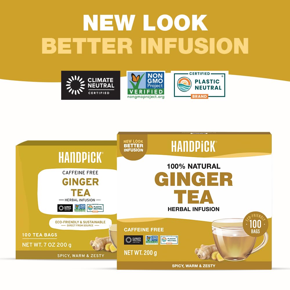 HANDPICK Ginger Tea Bags (100 Count) Non-GMO, Pure Ingredients - Soothing & Spicy Herbal Tea | Eco-conscious Round Tea Bags 4