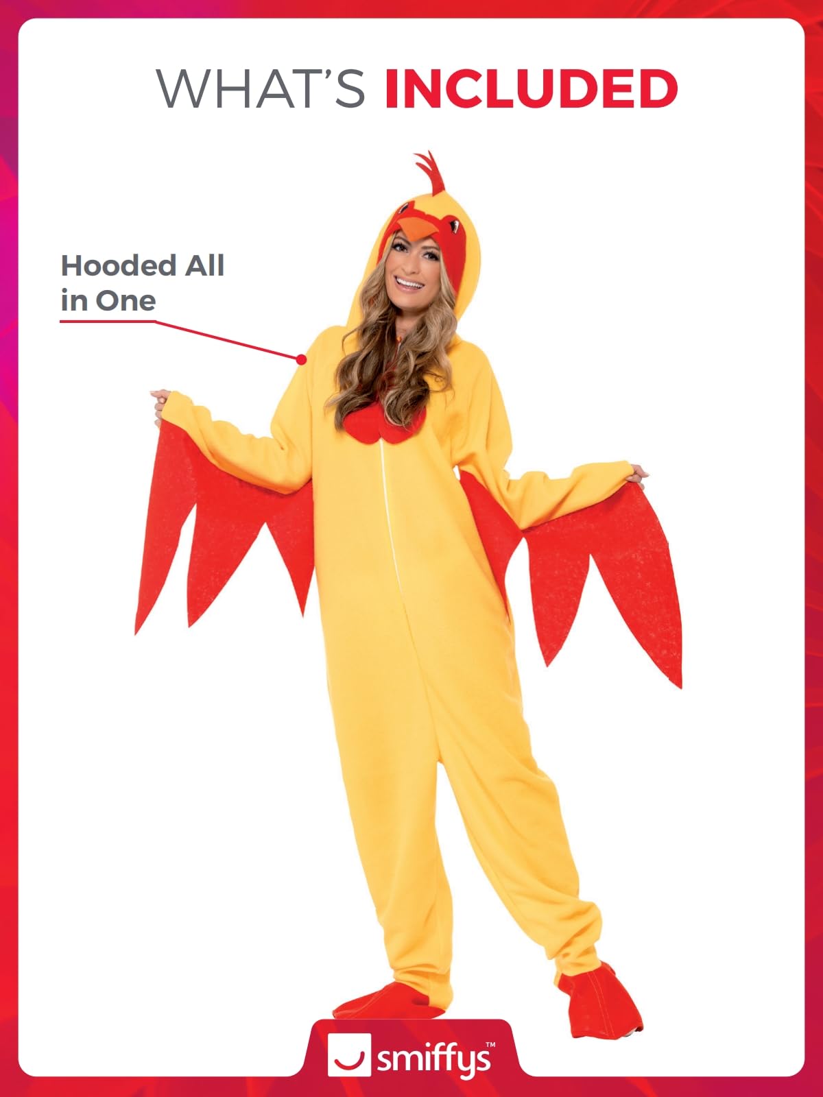 Smiffys Chicken Costume - Bright Yellow Hooded Jumpsuit with Beak and Comb for Adults
