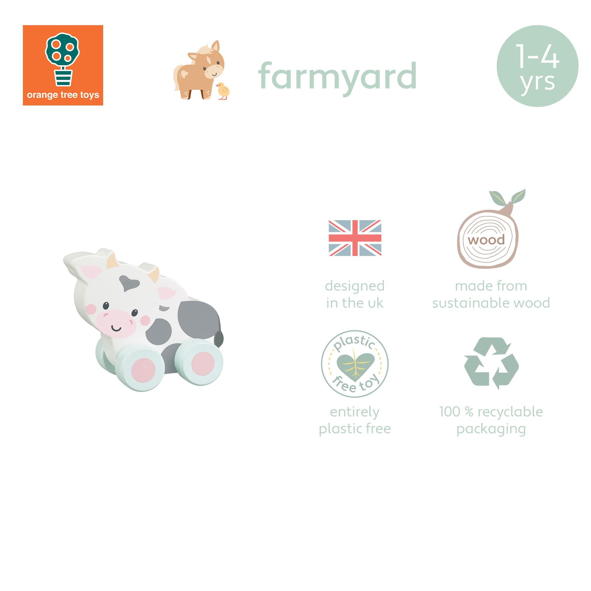 Orange Tree Toys OTT07603 Wooden Cow Push Toy - Educational Vehicle for 12 Months+ 4