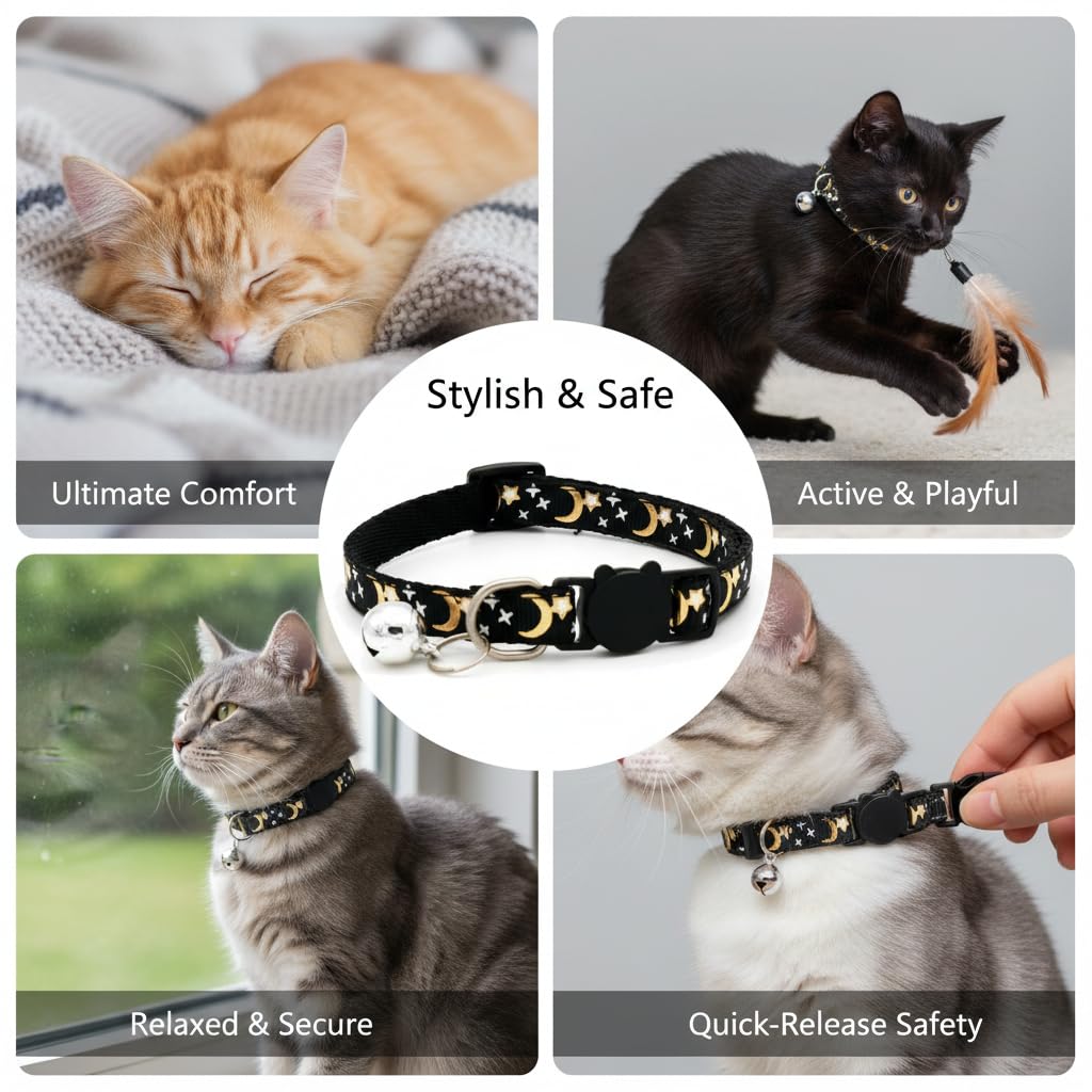 Muexoee Reflective Adjustable Cat Collar with Bell, Moon Star Print, Blue, 2 Pack 4