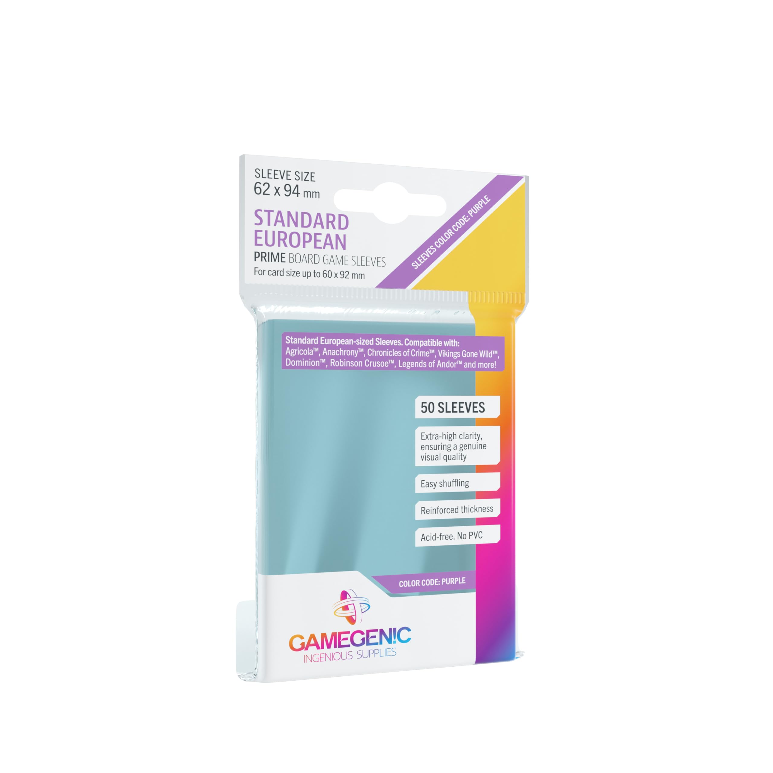 Gamegenic Prime Standard European-Sized Sleeves 62 x 94 mm (50 Count) | Clear Polypropylene | 100 Micron Thickness 1