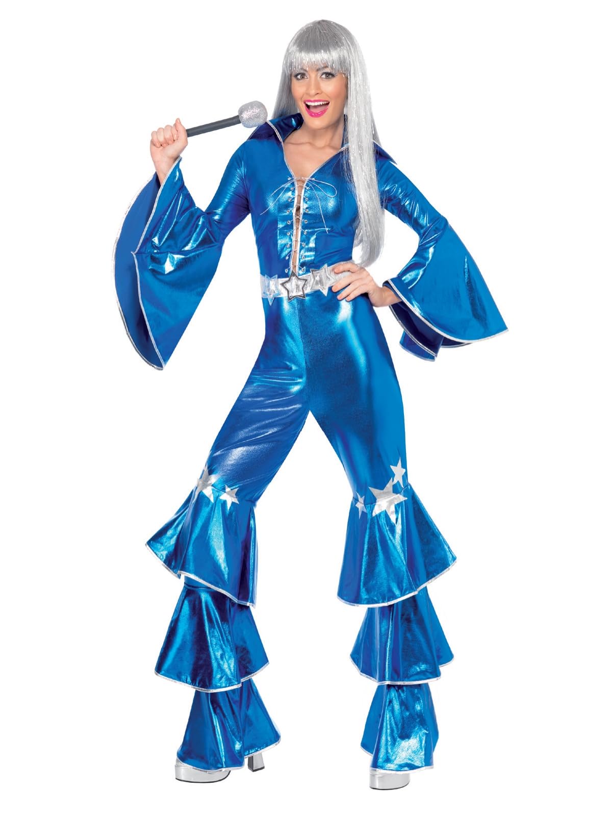 Smiffys 70s Dancing Dream Costume - Blue Disco Jumpsuit with Lace-Up Front & Bell Sleeves 1