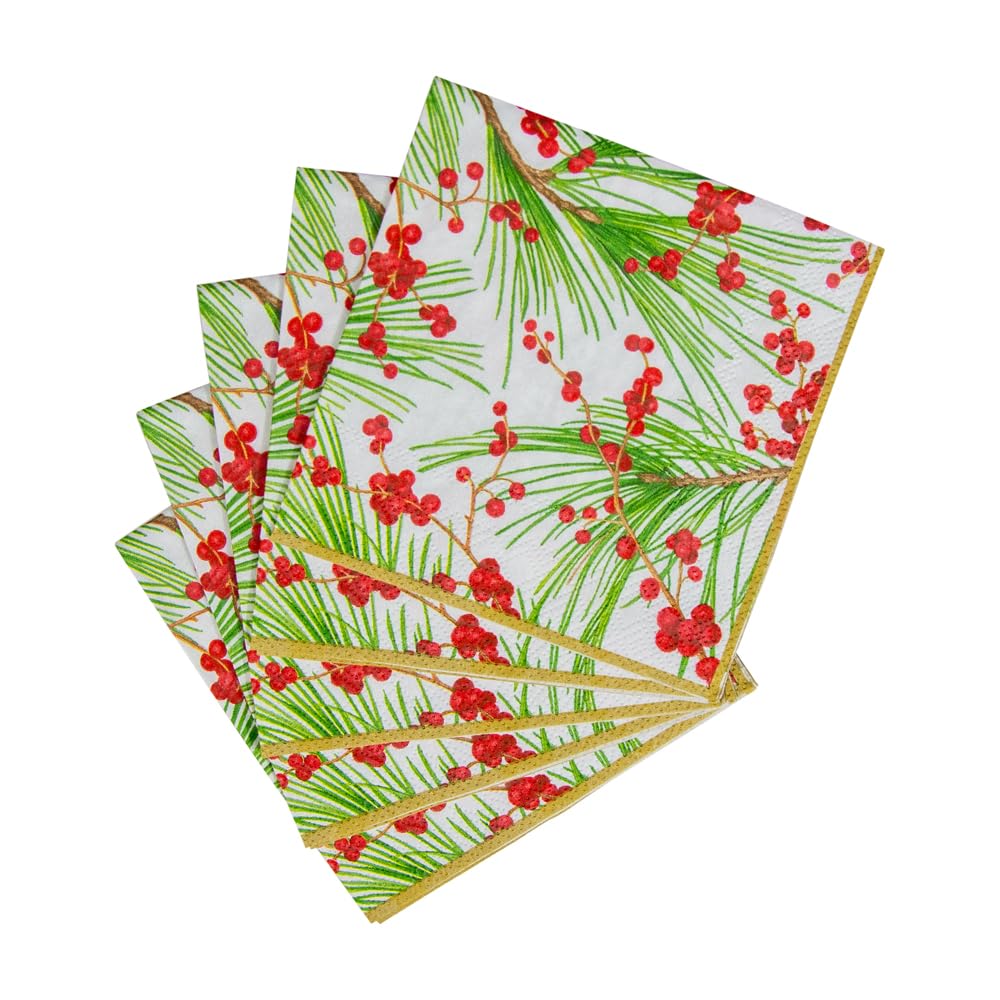 Caspari Berries and Pine Triple-Ply Paper Cocktail Napkins - 20 Per Package 3