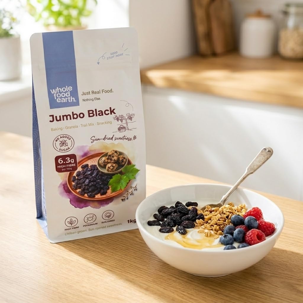 Wholefood Earth Jumbo Black Raisins - 1 kg Pack | GMO Free | High Fibre 4