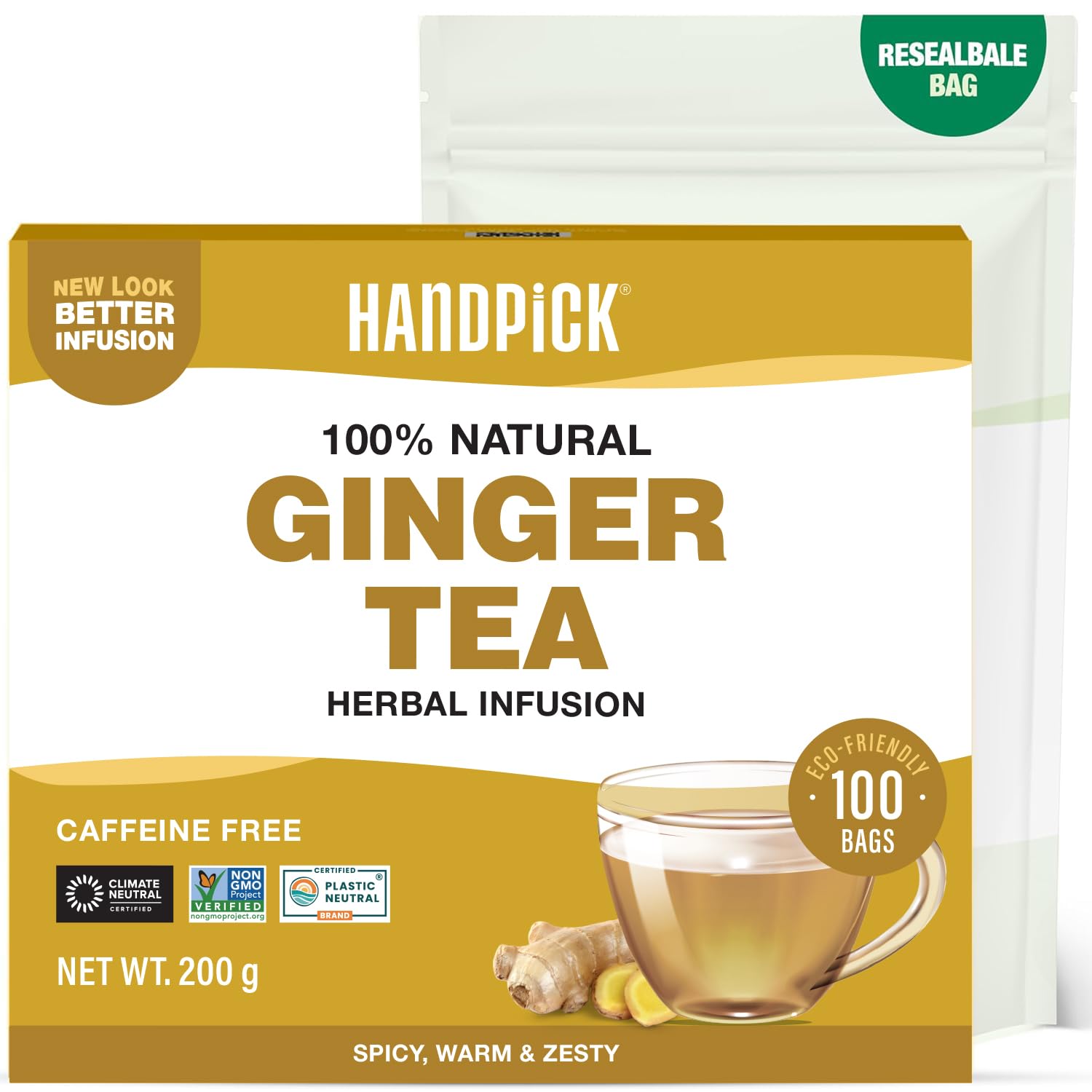 HANDPICK Ginger Tea Bags (100 Count) Non-GMO, Pure Ingredients - Soothing & Spicy Herbal Tea | Eco-conscious Round Tea Bags 1