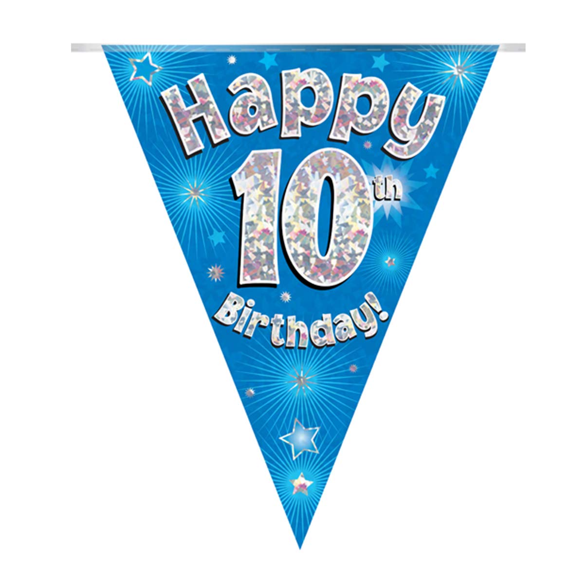 Happy 10th Birthday Party Bunting - Blue Holographic 11 Flags, 3.9m