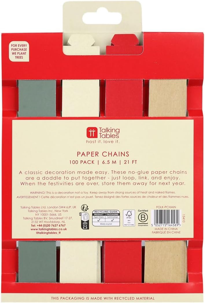 Talking Tables 100 x Paper Chains 6.5m - Recyclable Christmas Craft Decoration for Kids & Families 10