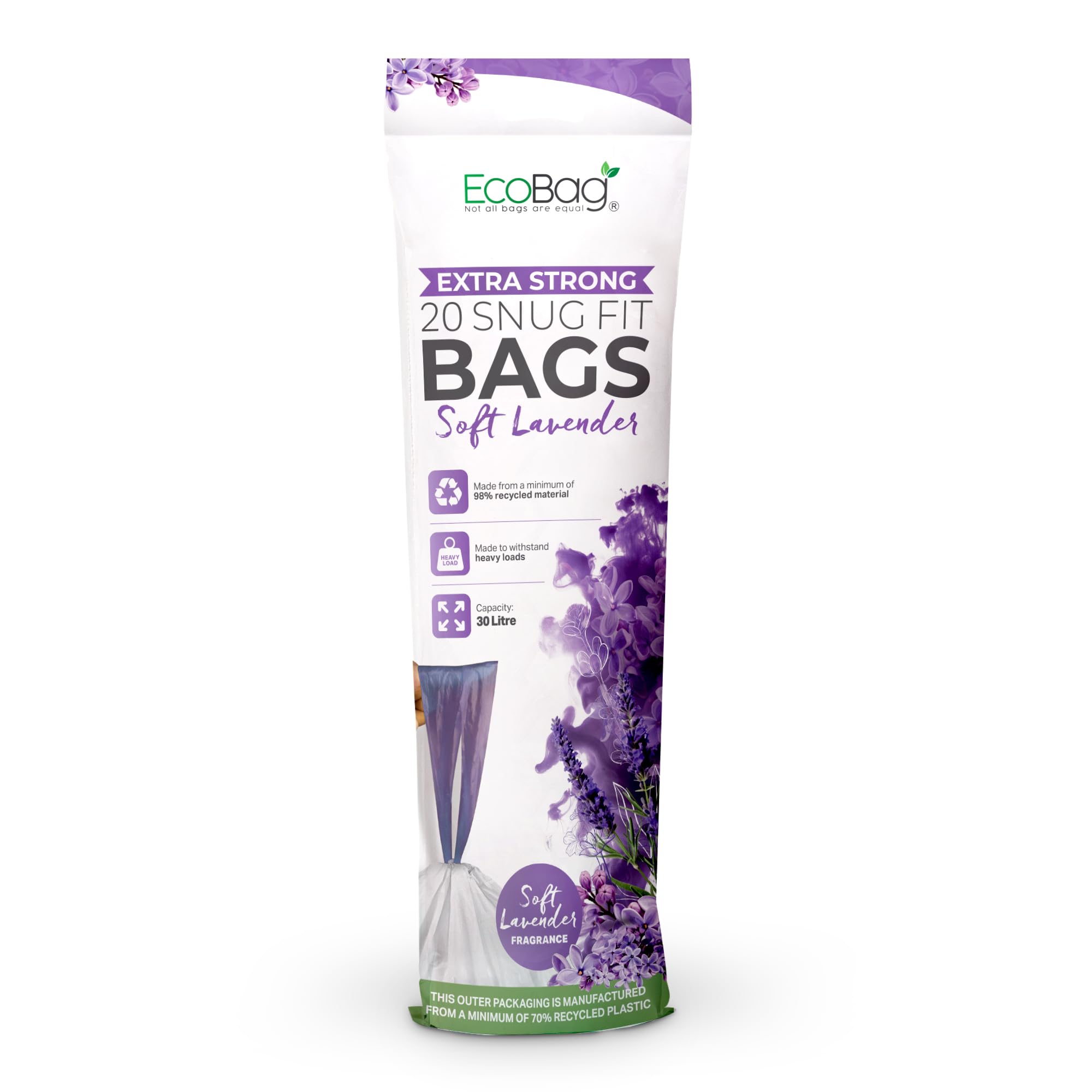 EcoBag Drawstring Bin Liners - 30L Capacity, Lavender Scented, 20 Pack | 25 Micron Heavy Duty