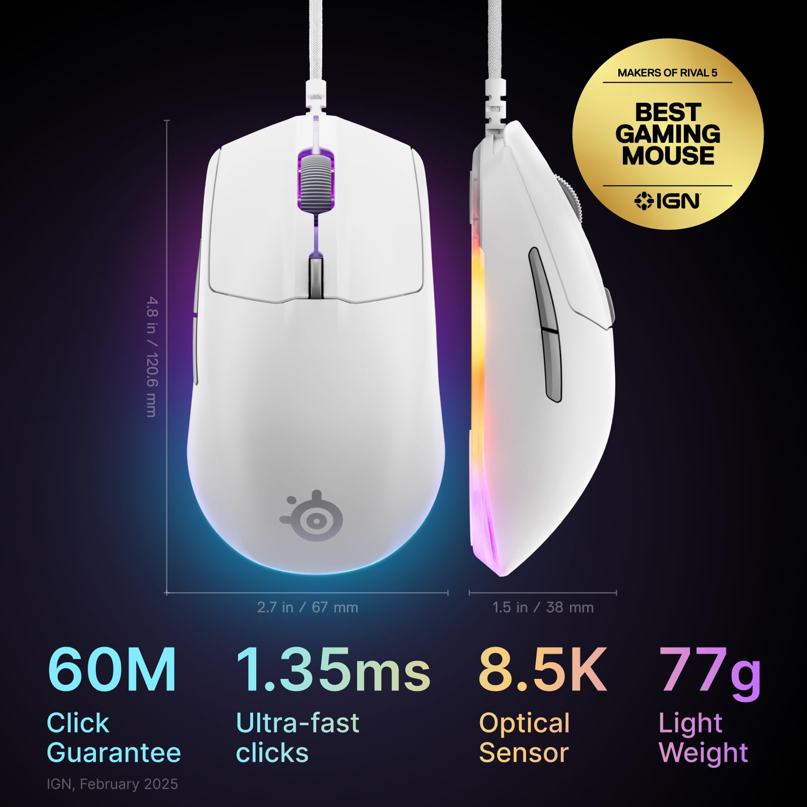 SteelSeries Rival 3 Gen 2 Gaming Mouse - 8500 DPI TrueMove Core Optical Sensor, 1.35ms Click Latency, RGB Lighting 10