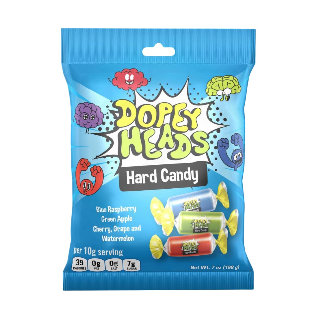 Dopey Heads Assorted Hard Candy - 5 Flavours, Blue Raspberry Focus | HALAL | 198g Bag
