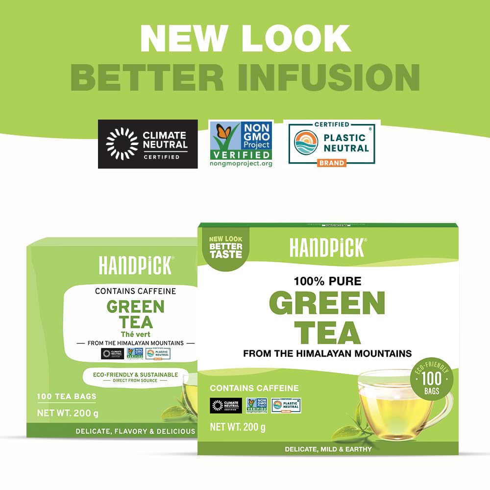 HANDPICK Green Tea Bags - 100% Pure Green Tea, 100 Bags, No Adhesive, No Bleach, Gluten Free 3