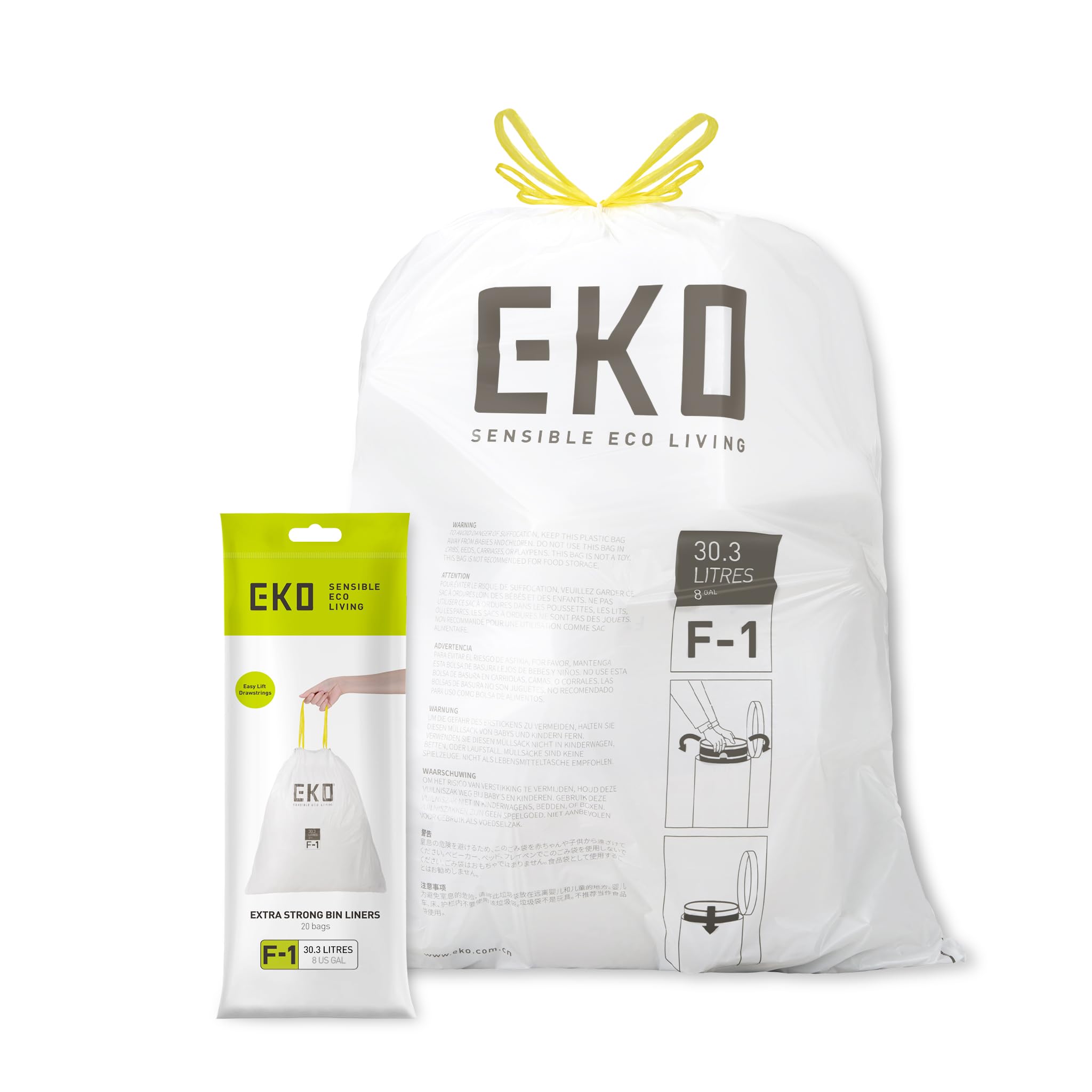 EKO 18-30L Drawstring Bin Bags - Heavy Duty, Leakproof, Unscented | 20 Count White 1