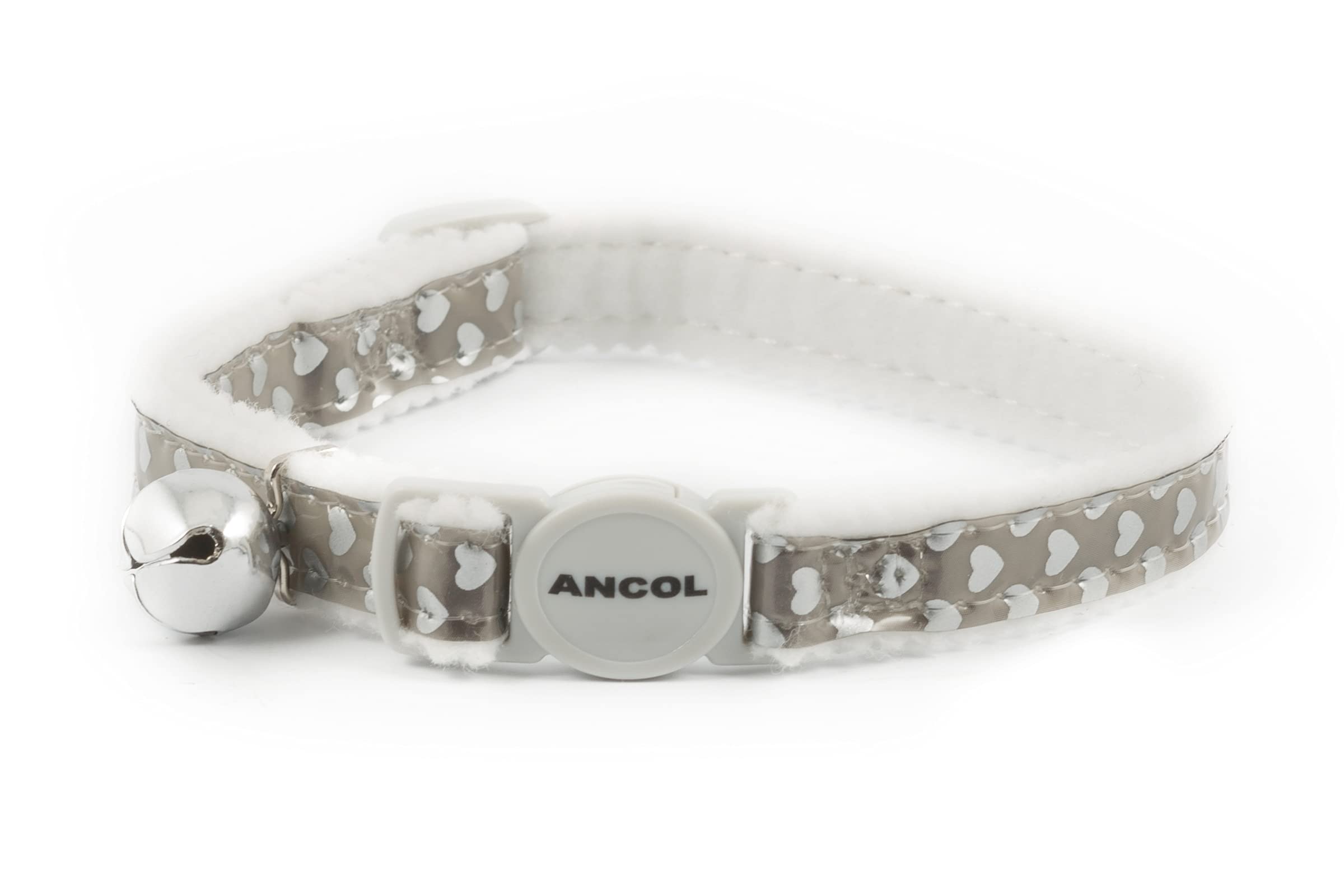 Ancol Reflective Gloss Hearts Safety Cat Collar - Silver | Break-away Buckle | Warning Bell
