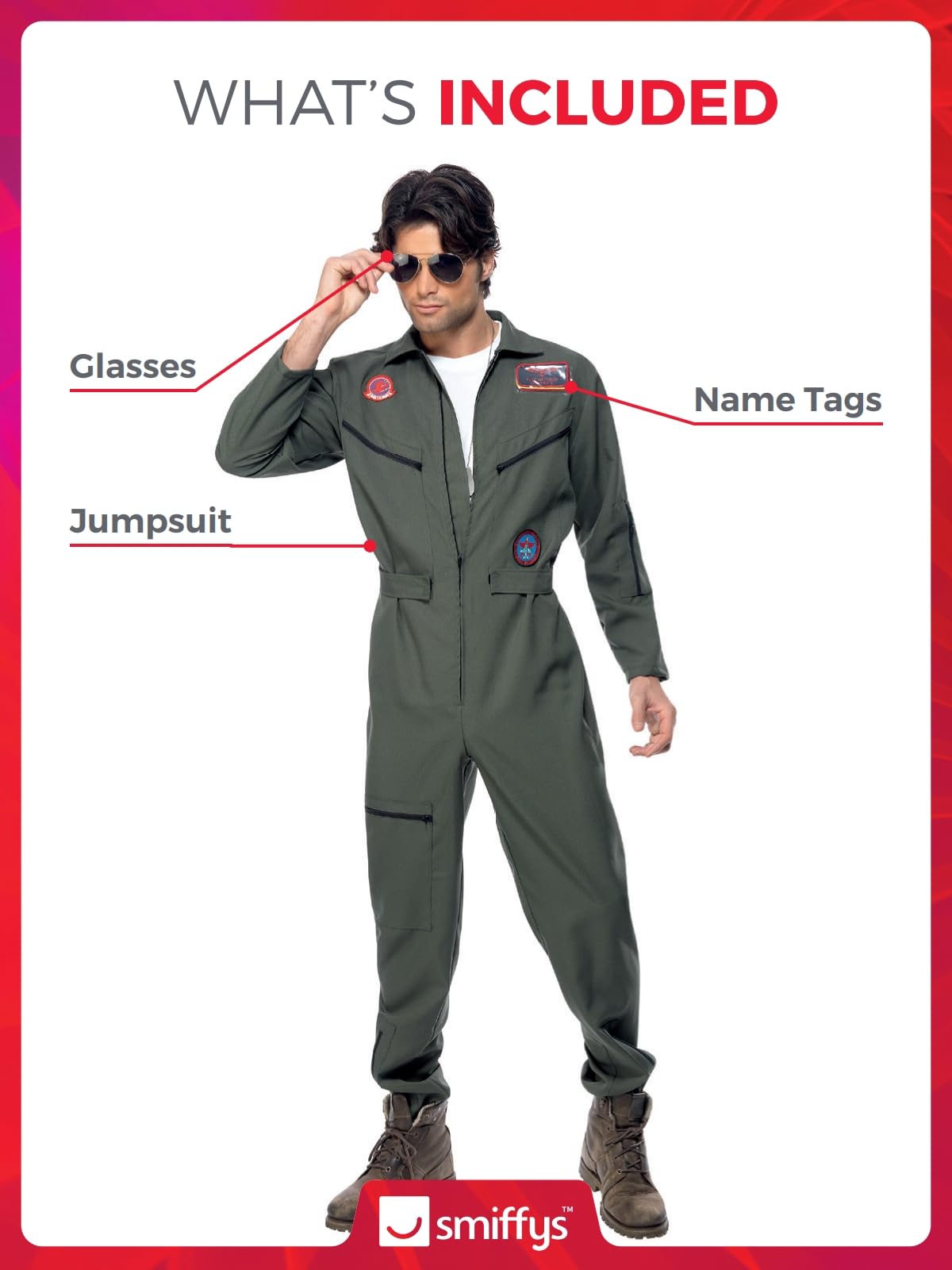 Smiffys Top Gun Pilot Costume - Jumpsuit, Name Tags & Sunglasses (Green) XL 4