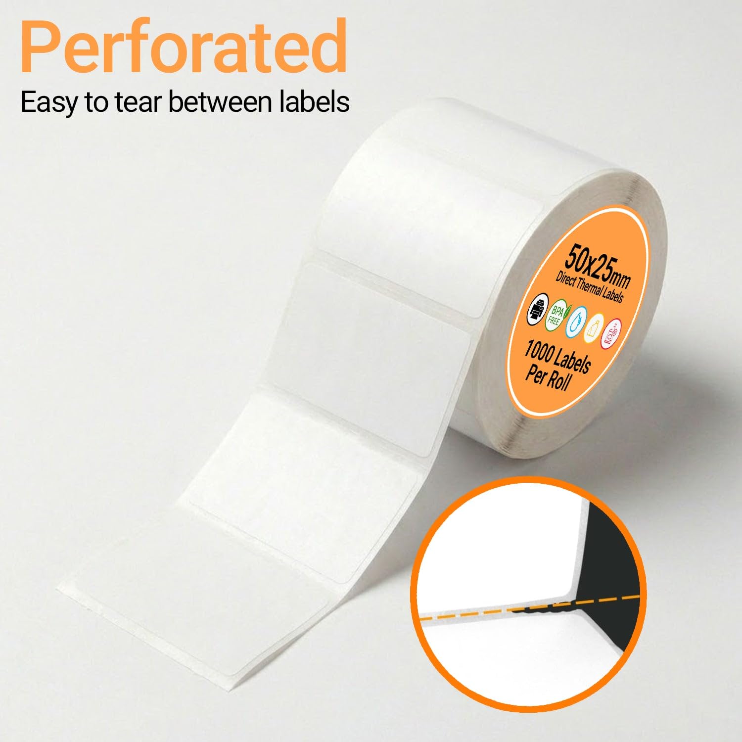 eCompostable Direct Thermal Printer Labels - 50mm x 25mm, 1000 Roll, Self-Adhesive Perforated 4