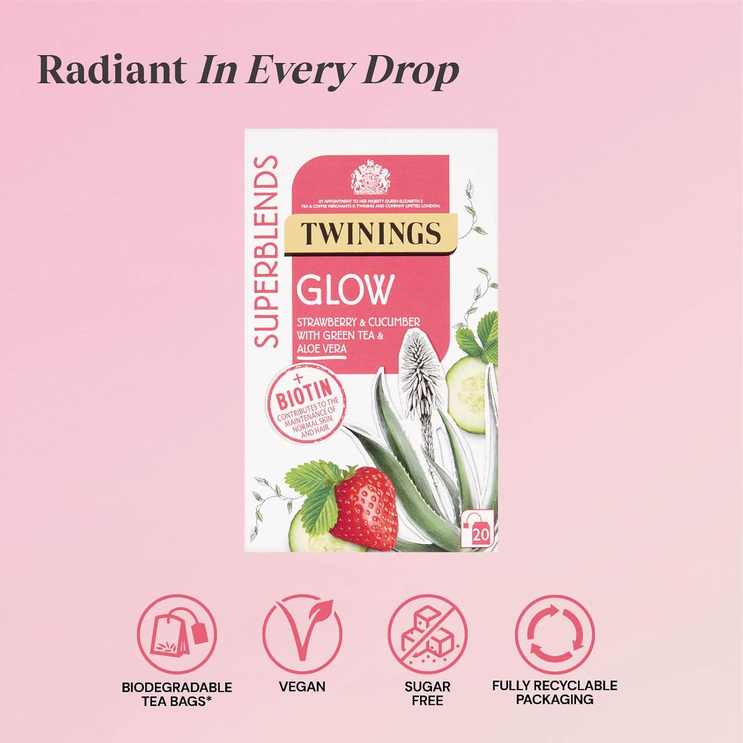 Twinings Superblends Glow Tea - Strawberry & Cucumber Green Tea with Aloe Vera & Biotin (20 Bags) 2