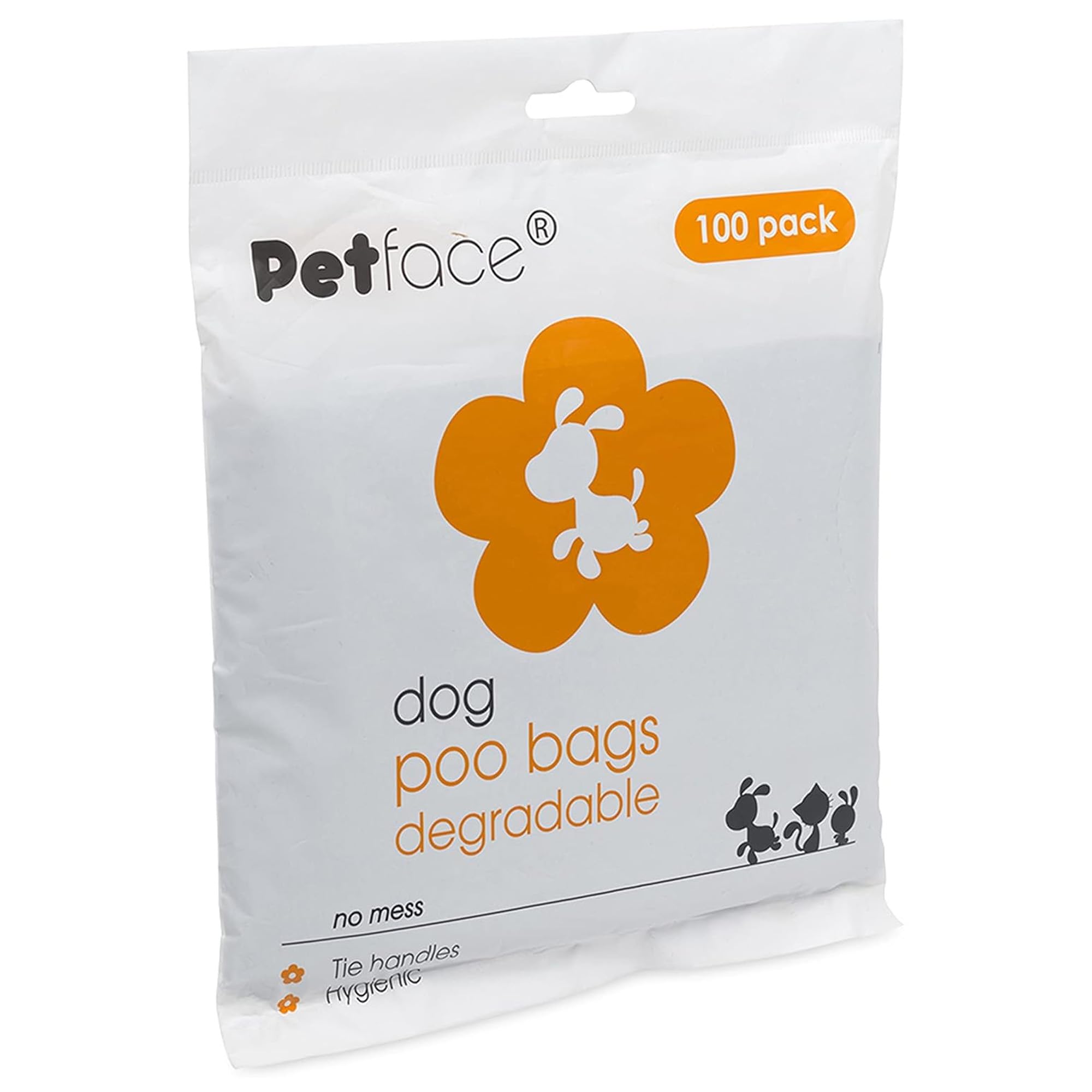 Petface No Mess Degradable Poop Bags with Tie Handles - 100 Count, Heavy Duty Plastic
