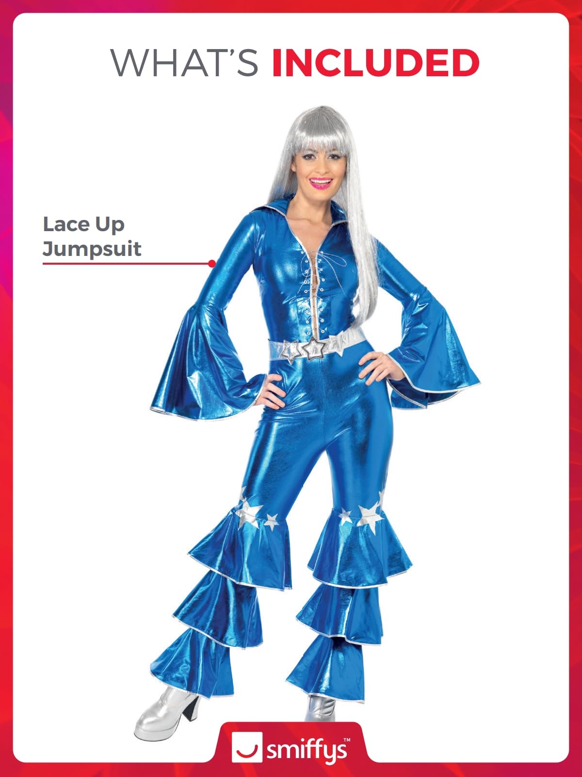Smiffys 70s Dancing Dream Costume - Blue Disco Jumpsuit with Lace-Up Front & Bell Sleeves 2